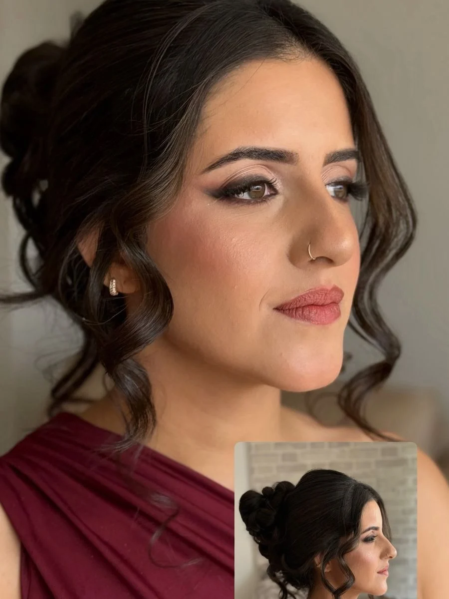 Convidada de vestido vinho com maquiagem esfumada e cabelo preso em ondas