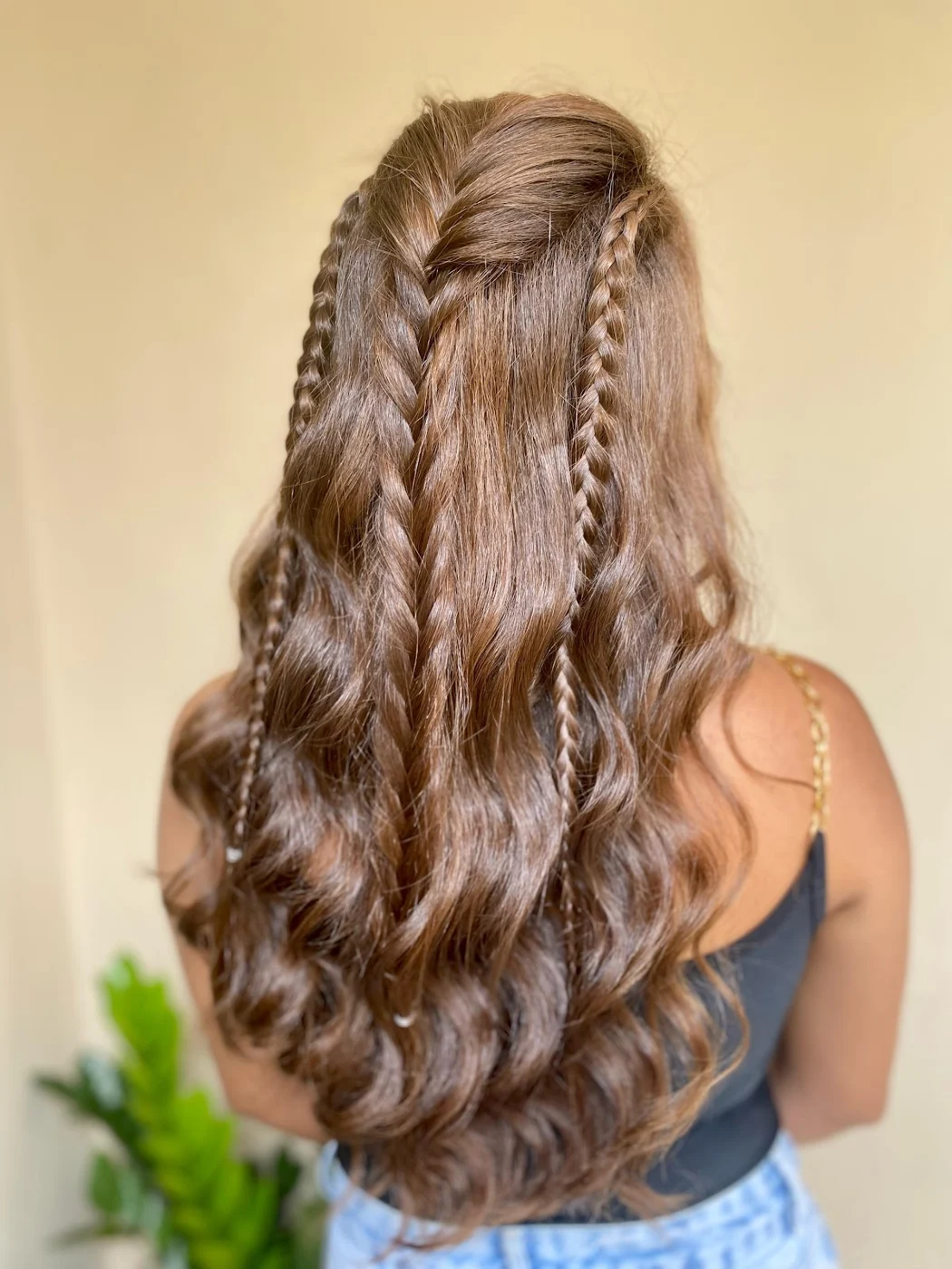 Tranças finas sobre cabelo castanho longo em ondas, vistas de costas